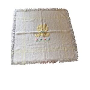 All Mine Baby Blanket White Yellow Teddy Bear Applique Fringed Woven Italy